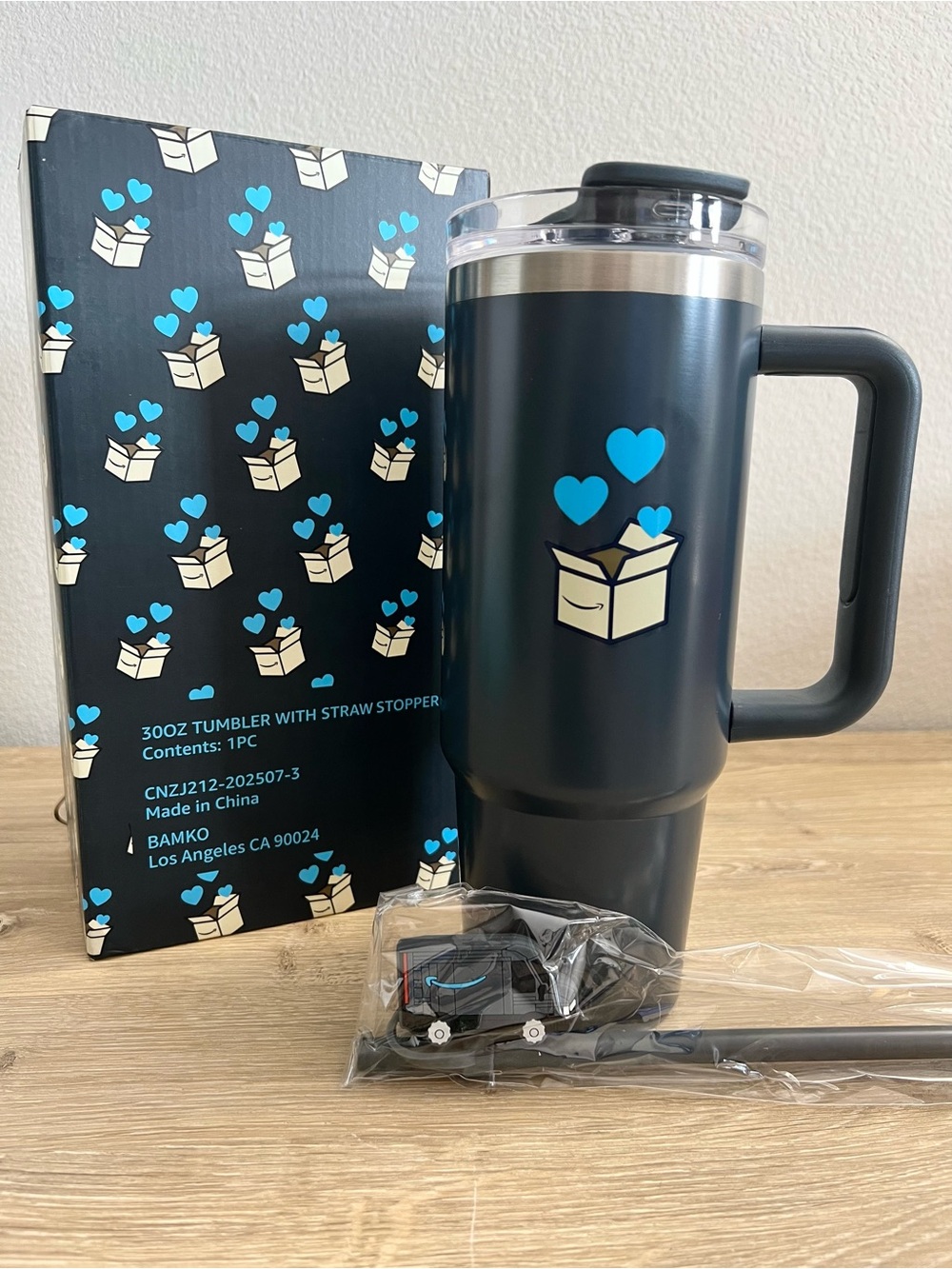 Amazon 30oz Black Travel Tumbler with Blue Heart Box Design and Straw